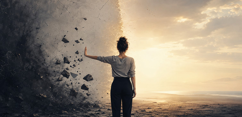 Donna di spalle che spinge con la mano una parete di roccia scura, aprendo un varco verso un paesaggio luminoso: la rabbia che protegge il confine